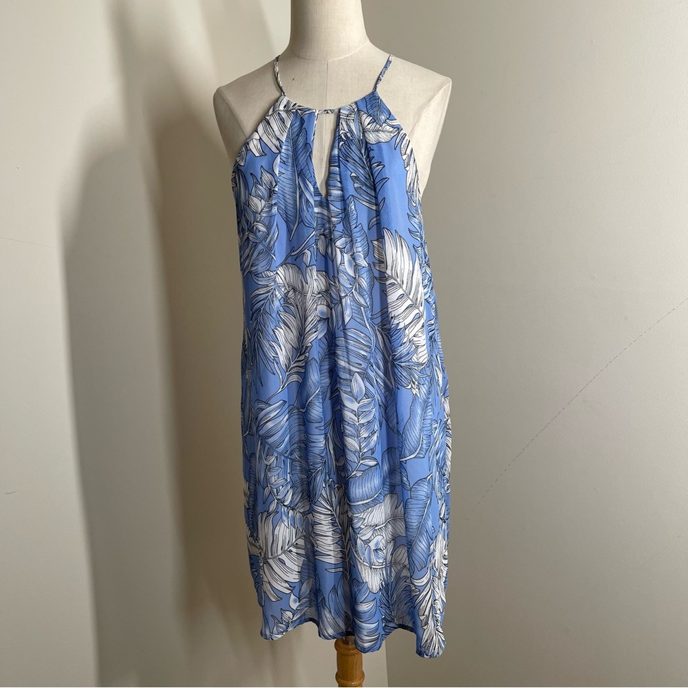 Maitai Women’s Blue White Abstract Floral Print - SZ M - Trapeze Halter Dress
